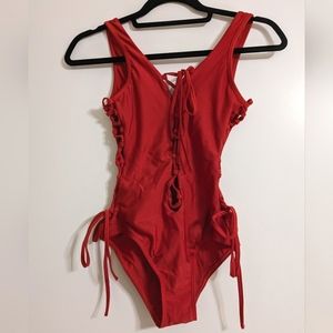 Red Monokini Bathing Suit One Piece Lace Up